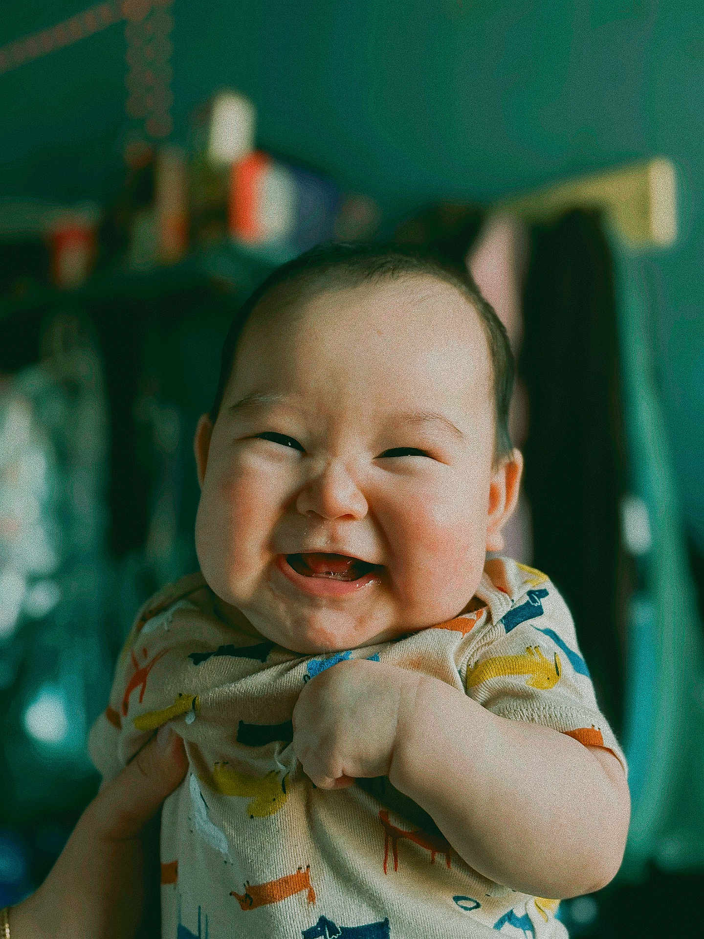Benjamin joined the competition — help win amazing prizes! baby, child, smile, happy, face, infant, cute, indoor, clothing, animal_print, hand, person, portrait, cheeks, young, toddler, expression, skin, head, closeup