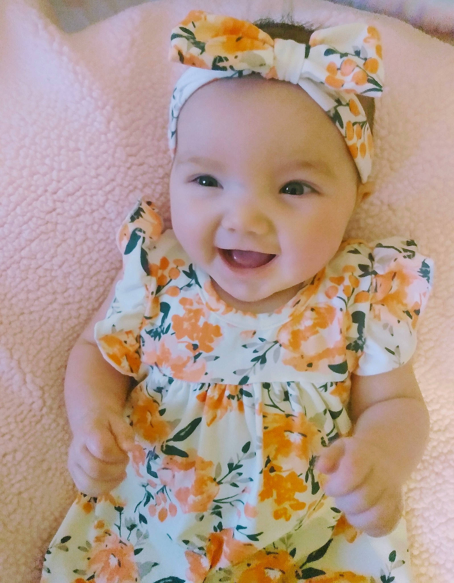 Emberleigh joined the competition — help win amazing prizes! baby, baby_toddler_clothing, cheek, child, dress, flower, hair_accessory, headband, headgear, headwear, joy, pattern, person, product, skin, sleeve, smile, textile, toddler, yellow