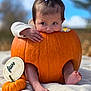baby, infant, pumpkin, fall, autumn, outdoor, cute, child, legs, feet, white_bow, blanket, orange, nature, season, five_months, portrait, young_child, holiday, celebration