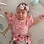 Jade participe au concours pour gagner de l'argent avec cette photo : baby, sleeping, pink_clothing, floral_pattern, headband, bow, infant, soft_mat, peaceful, cute, child, toddler, indoor, resting, adorable, patterned_background, small_hands, closed_eyes, baby_girl, cozy