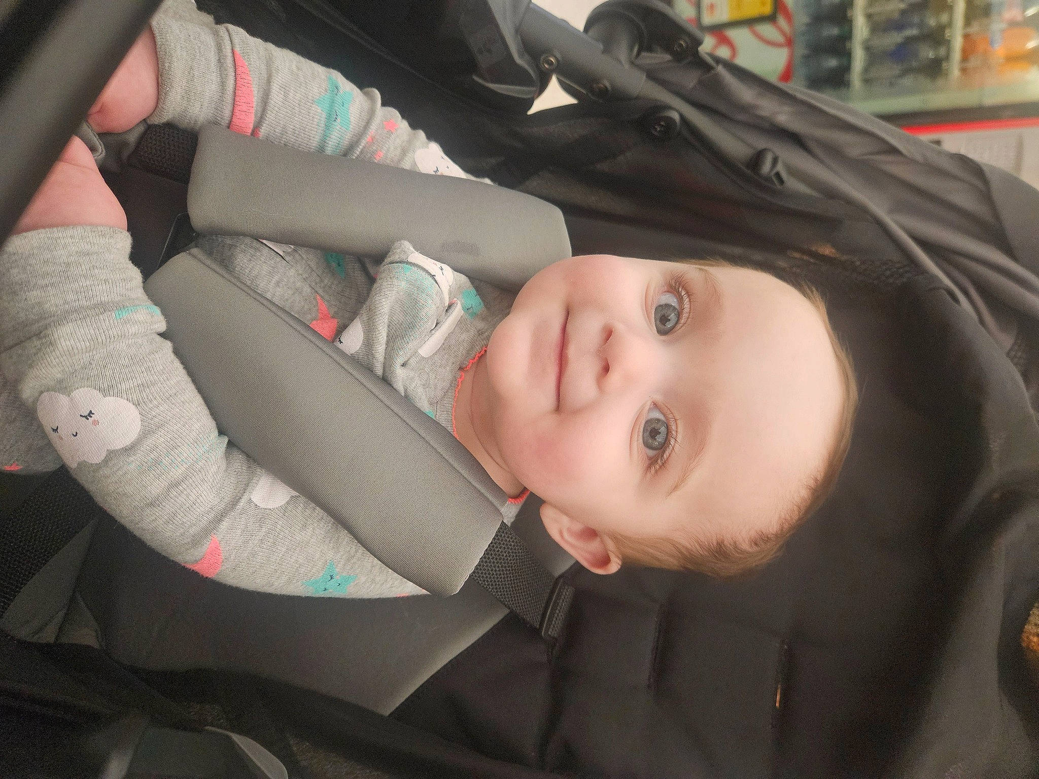 Celeste is registered to the contest to win money with this photo: auto_part, automotive_design, baby, baby_carriage, baby_products, car_seat, child, comfort, eye, facial_expression, fun, gesture, hairstyle, human_body, joy, person, plant, smile, toddler, tree