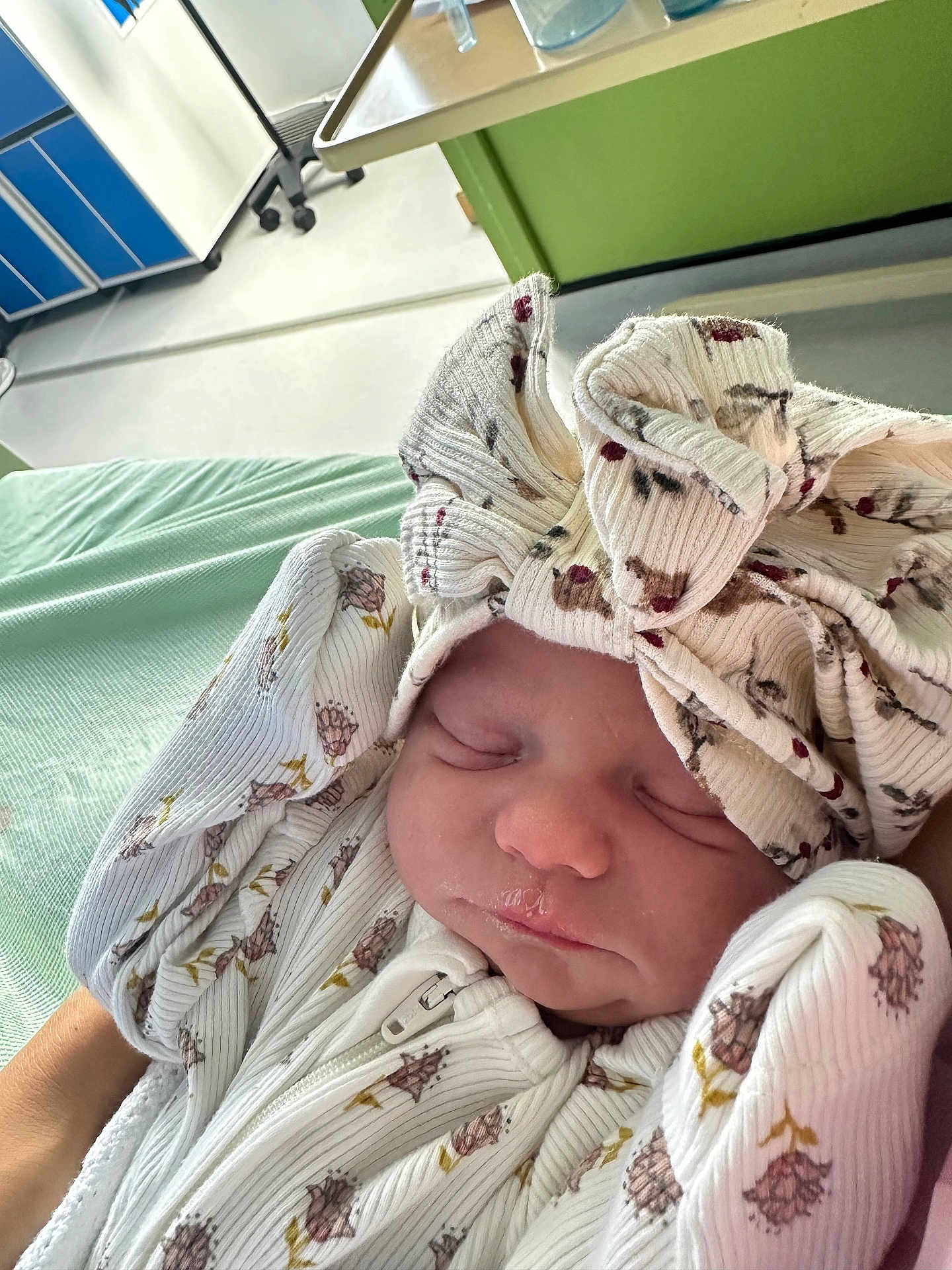 Esmerelda-Rose joined the competition — help win amazing prizes! newborn, baby, sleeping, onesie, headband, floral_pattern, hospital, bed, blanket, closeup, infant, person, soft_light, peaceful, cozy, cute, clothing, hands, face, portrait