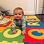 Cruze is registered to the contest to win money with this photo: baby, child, crawling, play_mat, colorful, alphabet, indoors, pajamas, floor, toy, cute, infant, young_child, hands, face, expression, wooden_floor, door, wall, home