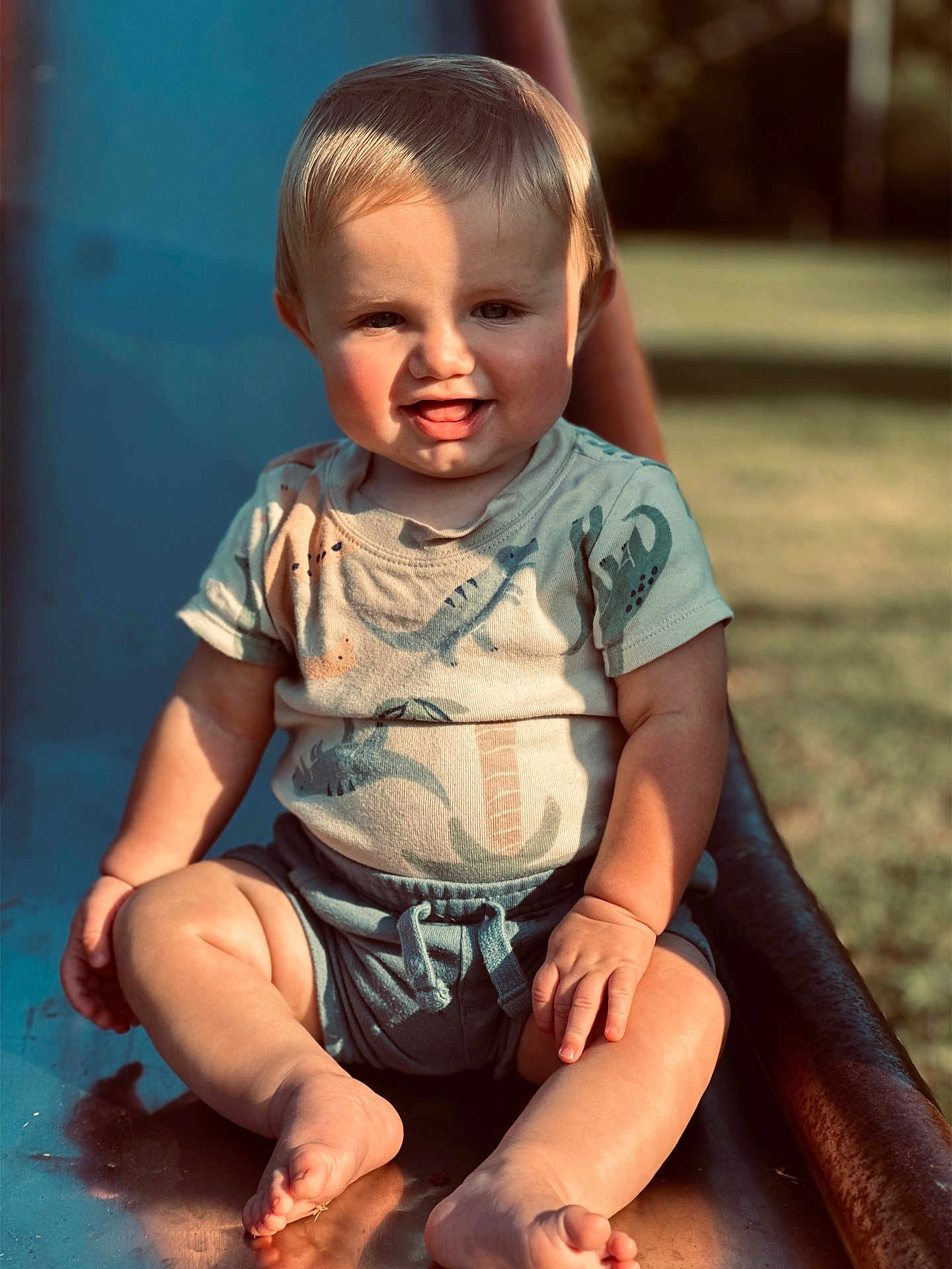 Cruze is registered to the contest to win money with this photo: baby, child, smiling, sitting, slide, outdoor, sunlight, shadow, shorts, tshirt, dinosaur_print, barefoot, grass, playground, happy, person, young_child, summer, cute, fun