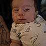 Jacob is registered to the contest to win money with this photo: baby, infant, adult, tattoo, onesie, dinosaur_pattern, arm, close_up, face, portrait, skin, hand, cuddle, expression, indoor, person, child, holding, casual, clothing