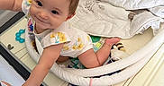 Isabella is registered to the contest to win money with this photo: baby, child, infant, smile, playpen, toy, blanket, crawling, cute, indoors, floor_mat, clothing, person, head, face, happy, young, baby_girl, soft_toys, home