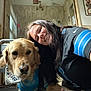 woman, dog, golden_retriever, selfie, smiling, indoor, bathroom, window, shower, towel, sports_jersey, bandana, black_hair, light, pet, portrait, happy, fan_gear, companion, casual