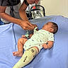 baby, cast, child, interaction, leg_cast, infant, person, adult, bed, blue_sheet, sunglasses, car_seat, hospital, smile, indoor, clothing, gentle, care, lying_down, healthcare