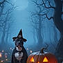 Freyja joined the competition — help win amazing prizes! dog, witch_hat, cape, jack_o_lantern, pumpkin, candles, forest, trees, moon, fog, night, leaves, spooky, halloween, costume, outdoor, animal, dark, glowing, mystical