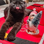 Baghera a rejoint le concours — aidez-le/la à gagner de superbes lots ! black_cat, cat, tongue_out, table, table_runner, christmas_decor, penguin_figurine, holiday, festive, indoor, pet, cute, playful, animal, tongue, feline, decoration, red, white, cozy