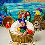 baby, basket, plush_toy, seashell, underwater_theme, mermaid_costume, purple_bow, smiling, toys, stuffed_animal, photography, portrait, decor, child, studio, colorful, background, props, cute, happy