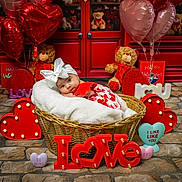 Reynesmae joined the competition — help win amazing prizes! baby, basket, celebration, cozy, cute, floor, gift_box, heart_decorations, heart_shaped_balloons, holiday, indoor, infant, love_sign, plush, portrait, red_decor, smiling, teddy_bear, valentines_day, white_bow