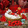 baby, basket, heart_shaped_balloons, teddy_bear, valentines_day, red_decor, love_sign, floor, white_bow, heart_decorations, plush, gift_box, cute, portrait, infant, cozy, celebration, smiling, indoor, holiday
