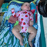 Mabel joined the competition — help win amazing prizes! baby, blanket, child, comfort, cute, diaper, fan, indoors, infant, onesie, pacifier, peaceful, pink_clothing, relaxation, resting, skin, sleeping, soft_lighting, strawberry_pattern, towel