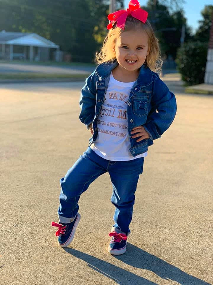 Adalee joined the competition — help win amazing prizes! blue, child, child_model, clothing, denim, electric_blue, headgear, jacket, jeans, joy, outerwear, person, play, recreation, running, shoe, sleeve, sportswear, standing, textile