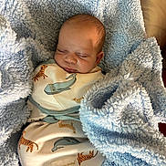 Legend is registered to the contest to win money with this photo: baby, newborn, sleeping, blanket, blue_blanket, swaddled, cozy, infant, cute, animal_print, onesie, soft, peaceful, child, face, head, indoors, comfort, resting, portrait