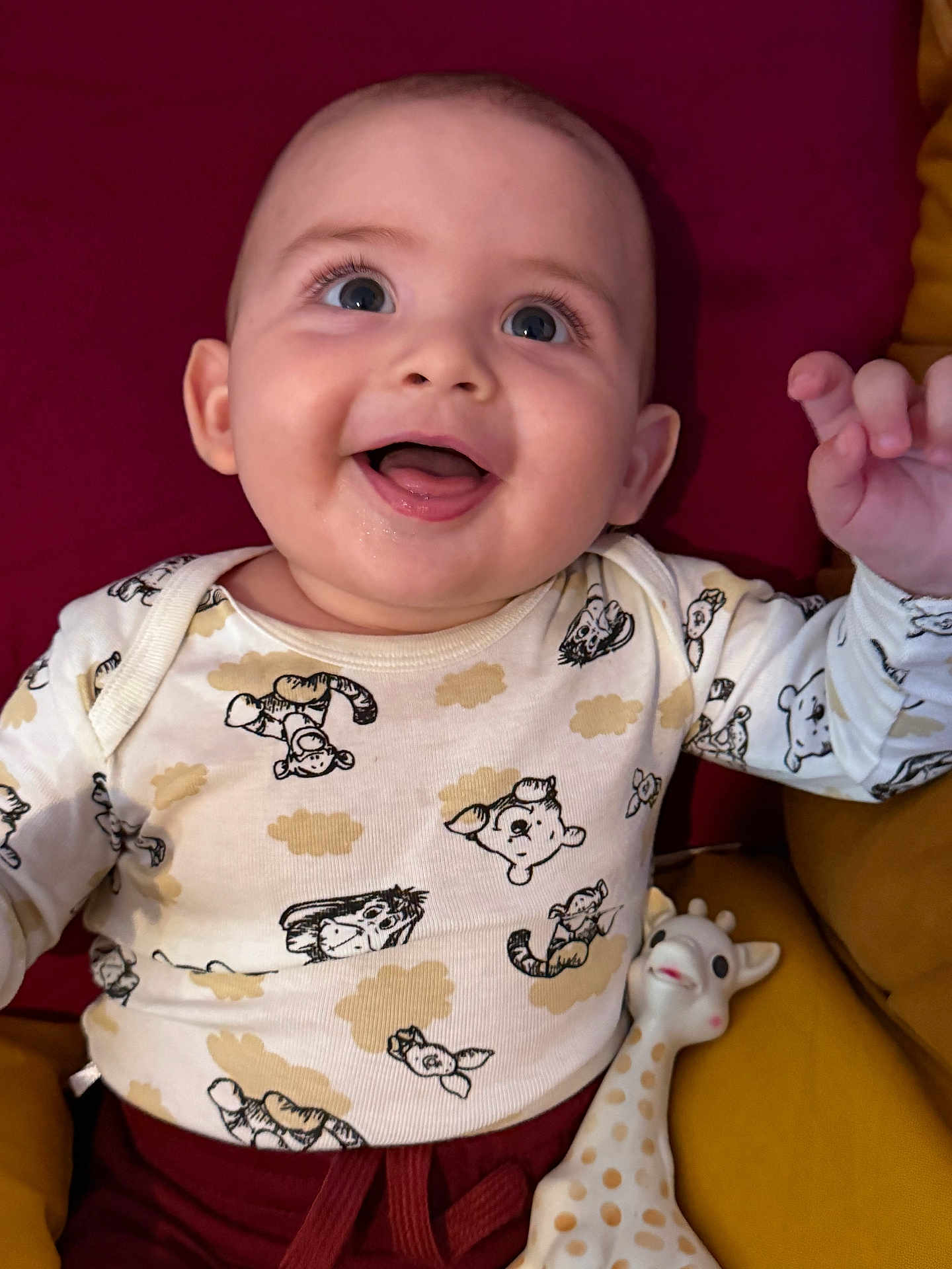 Timaël a rejoint le concours — aidez-le/la à gagner de superbes lots ! baby, smiling, infant, cute, toy, giraffe, clothing, animal_print, happy, lying_down, child, indoors, face, portrait, playful, young, expression, comfort, soft_toy, joyful