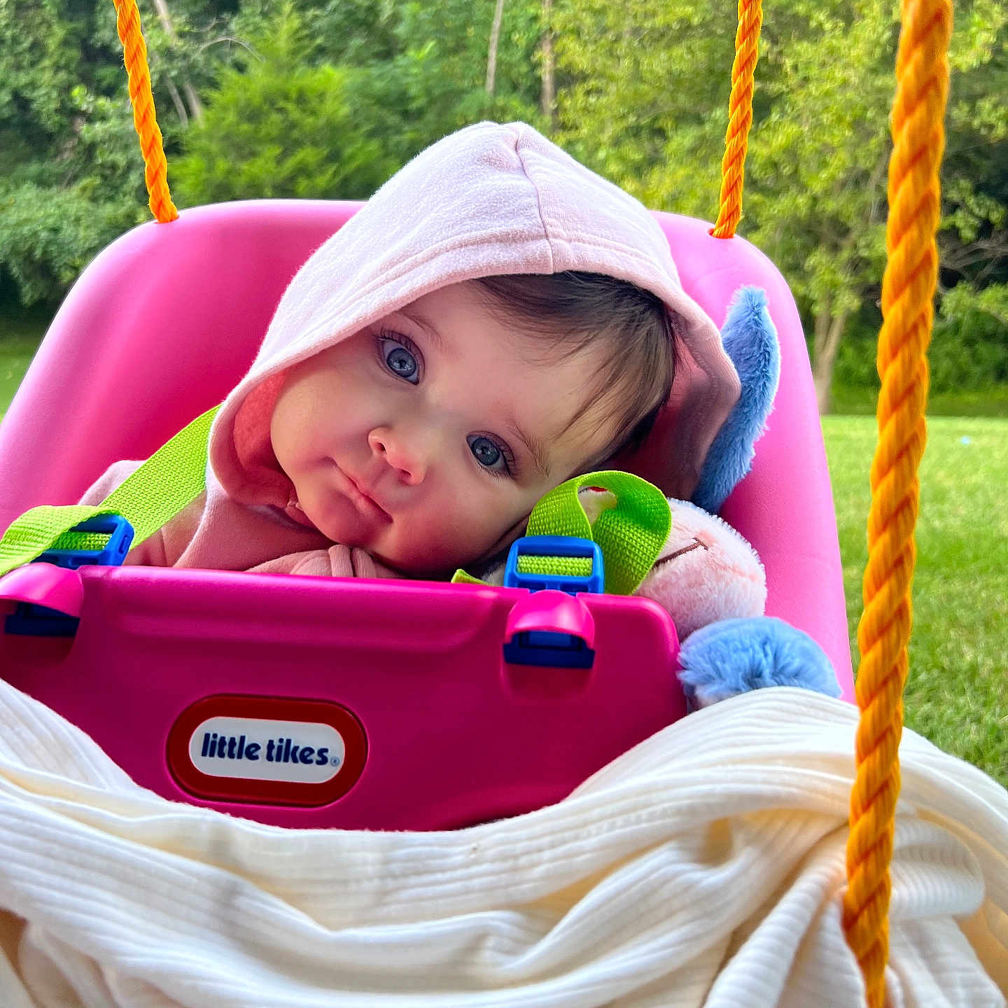 Rosedale joined the competition — help win amazing prizes! baby, blanket, blue_eyes, child, childhood, cute, grass, greenery, infant, little_tikes, nature, orange_rope, outdoor, pink_hoodie, play, plush_toy, portrait, seat, swing, tree