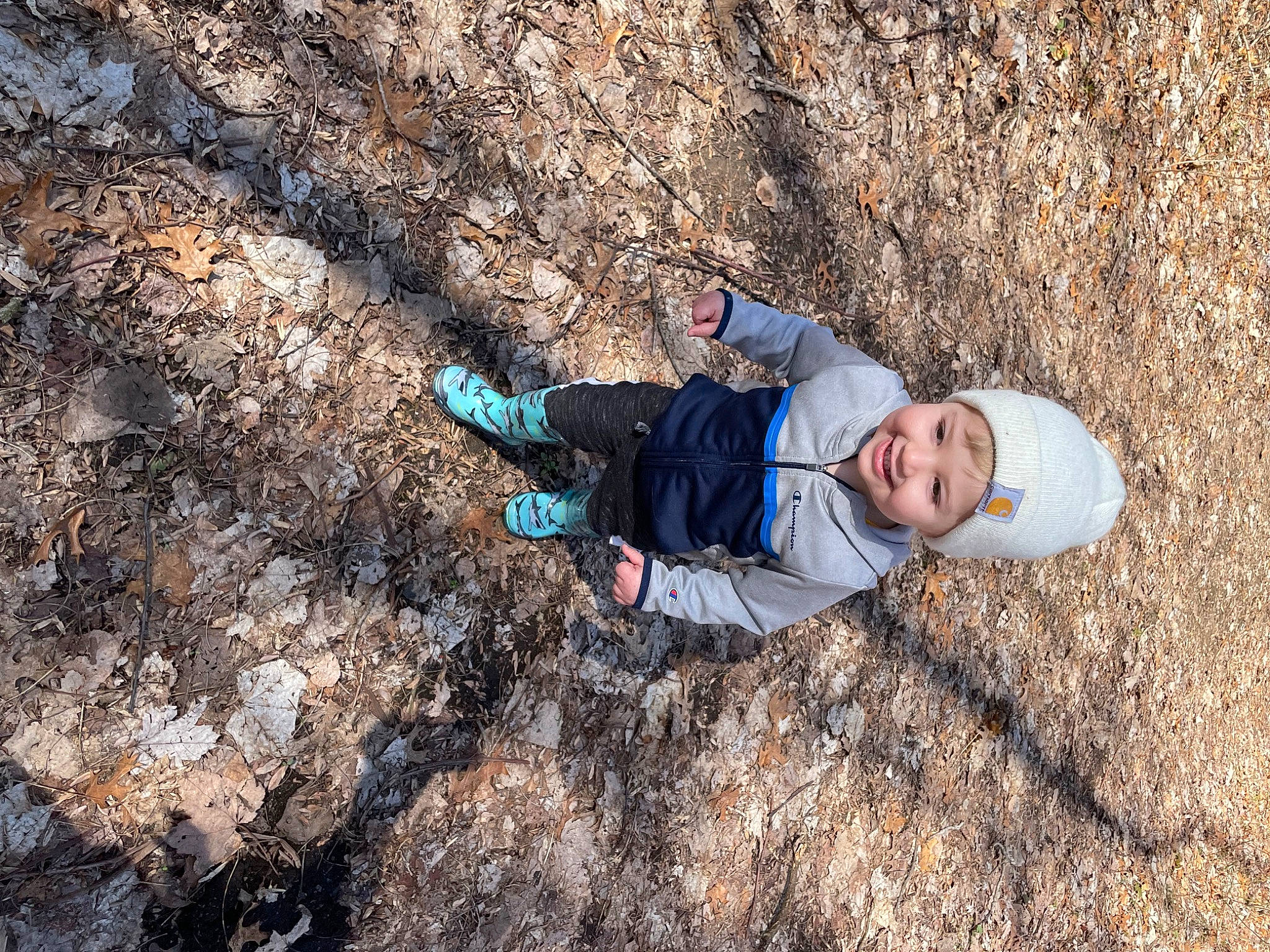 Jamison is registered to the contest to win money with this photo: adventure, bedrock, electric_blue, freezing, fun, grass, headwear, joy, landscape, leisure, people_in_nature, person, recreation, rock, shadow, sitting, soil, sport_climbing, toddler, tree