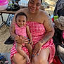 Kayley joined the competition — help win amazing prizes! mother, baby, child, beach, sand, picnic, red_gingham, matching_outfits, smiling, tattoos, sitting, sandals, stroller, jewelry, outdoor, family, happy, woman, people, summer