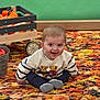 baby, child, smiling, autumn, leaves, pumpkin, sweater, teddy_bear, floor, green_background, cart, bucket, cute, indoor, cozy, fall, sitting, happy, portrait, clothing