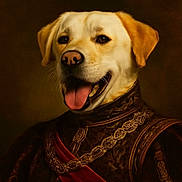 Pike joined the competition — help win amazing prizes! animal, brown_background, canine, closeup, costume, decorative, dog, expression, fancy, headshot, historical_style, luxury, portrait, regal, royal_clothing, smiling, studio_lighting, texture, tongue_out, warm_colors