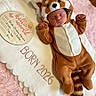 newborn, baby, sleeping, red_panda_costume, animal_costume, onesie, fuzzy, blanket, wings, pink_background, plush, portrait, infant, peaceful, closed_eyes, tiny_hands, striped_tail, birth_announcement, soft_lighting, indoor