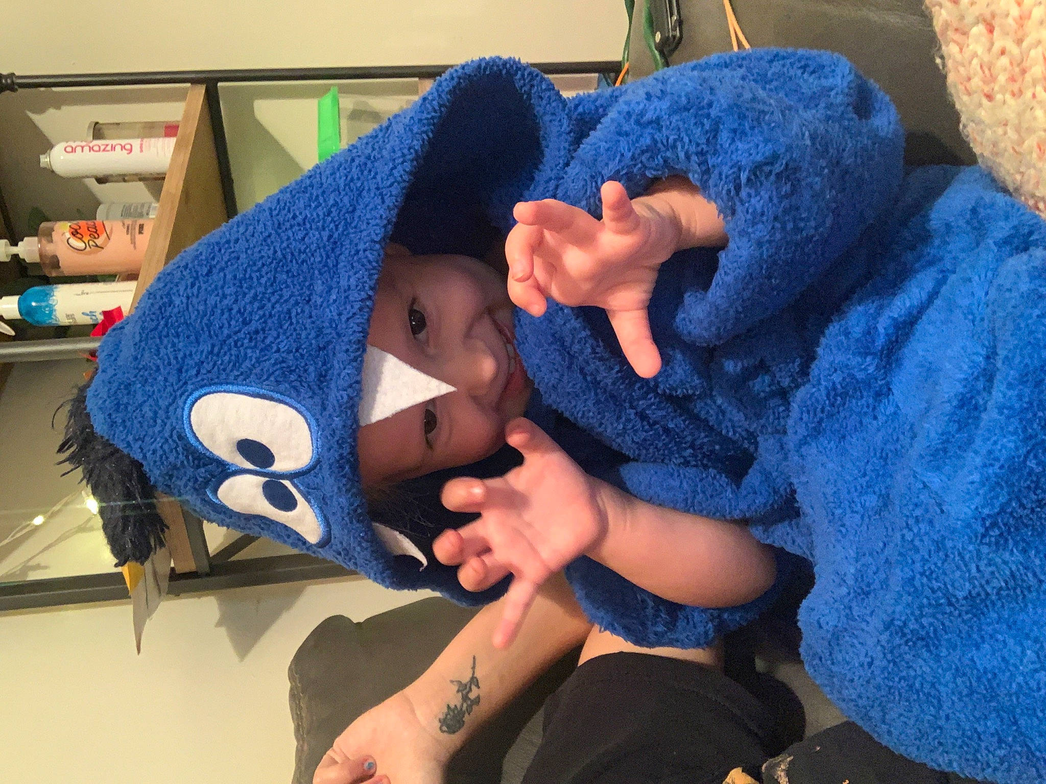 Kimber is registered to the contest to win money with this photo: abdomen, blue, comfort, elbow, electric_blue, finger, fur, hand, headwear, knee, linens, nail, person, plush, room, stuffed_toy, thread, thumb, trunk, wool