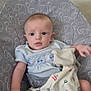 baby, infant, child, blanket, cushion, elephant_pattern, clothing, indoors, floor, radiator, person, soft_toy, seated, cute, expression, head, hand, leg, blue_shirt, comfort