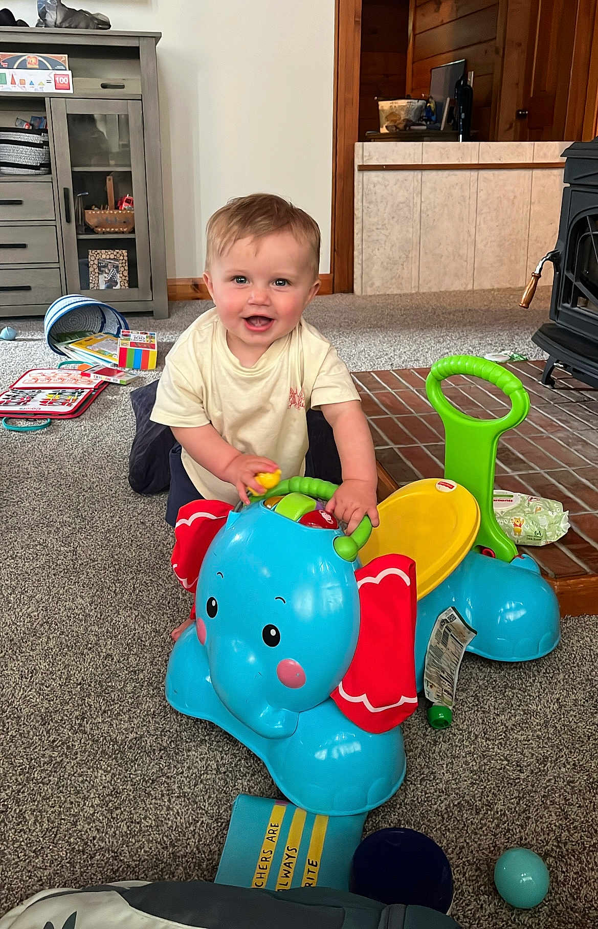 Grant is registered to the contest to win money with this photo: toddler, child, toy, elephant_toy, indoor, carpet, cabinet, book, play, smile, person, furniture, floor, plastic_toy, colorful, seat, wooden, happy, room, baby
