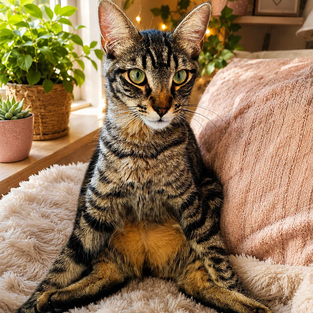 Lucky participe au concours pour gagner de l'argent avec cette photo : cat, tabby, green_eyes, fluffy_blanket, indoor, plants, window, fairy_lights, cozy, furniture, couch, relaxed, pets, fur, whiskers, ears, home_decor, natural_light, portrait, animal