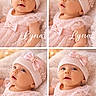 Lyna participe au concours pour gagner de l'argent avec cette photo : baby, infant, child, pink_dress, pink_hat, bow, pearls, blue_eyes, blanket, soft_texture, portrait, cute, collage, four_photos, lying_down, smiling, cute_expression, warm_lighting, personalized_text, adorable