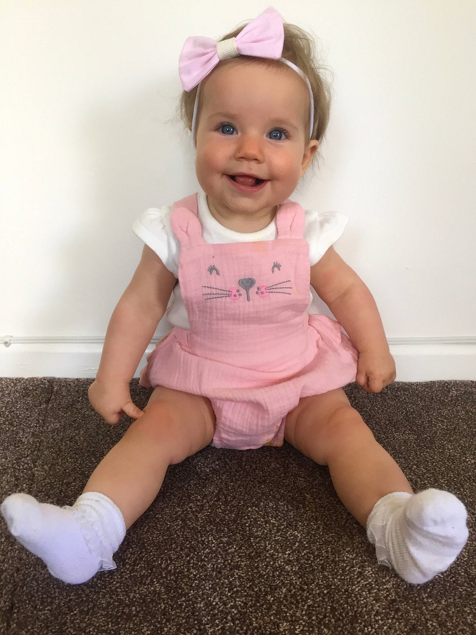 Ava-marie joined the competition — help win amazing prizes! baby, baby_products, baby_toddler_clothing, blond, child, costume, dress, footwear, hair_accessory, headgear, joy, person, pink, play, product, shoe, sitting, skin, sleeve, smile