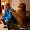 Malko a rejoint le concours — aidez-le/la à gagner de superbes lots ! adult, animal, architecture, building, canine, clothing, couch, dog, footwear, furniture, goldenretriever, indoors, livingroom, male, pants, person, pet, room, shoe, sitting