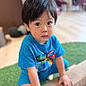 Jerome is registered to the contest to win money with this photo: artificial_grass, background_blur, blue_tshirt, boy, casual_clothing, child, curious, cute, floor, hand, indoor, large_eyes, person, play_area, portrait, short_hair, sitting, toddler, wooden_beam, young_child
