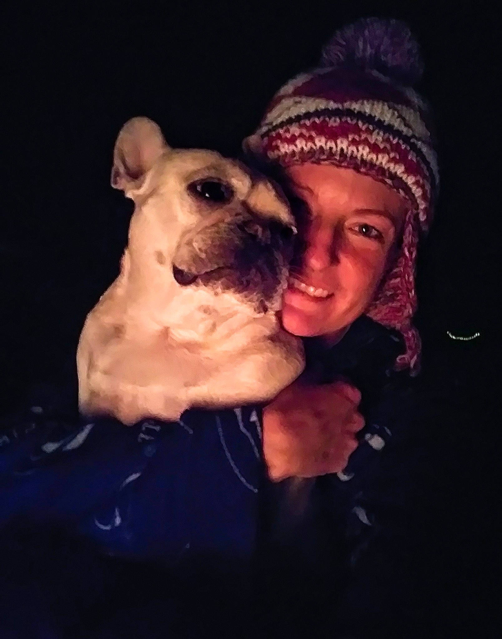 Cammie is registered to the contest to win money with this photo: beanie, bullmastiff, canidae, carnivore, companion_dog, dog, dog_breed, ear, fawn, french_bulldog, headwear, joy, love, night, non_sporting_group, nose, person, photography, puppy, puppy_love