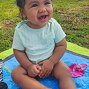 Hendrick joined the competition — help win amazing prizes! baby, blanket, casual_clothing, child, clouds, cute, daytime, grass, greenery, happy, lake, nature, outdoor, playful, portrait, sitting, smiling, summer, toddler, water