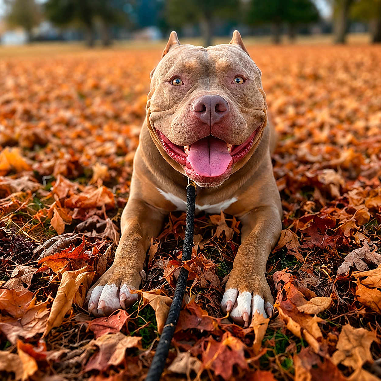 Legend Lamar is registered to the contest to win money with this photo: dog, pitbull, smiling, tongue_out, autumn_leaves, fall, outdoor, happy, pet, animal, leaves, nature, grass, close_up, canine, playful, brown_dog, paw, lying_down, leash