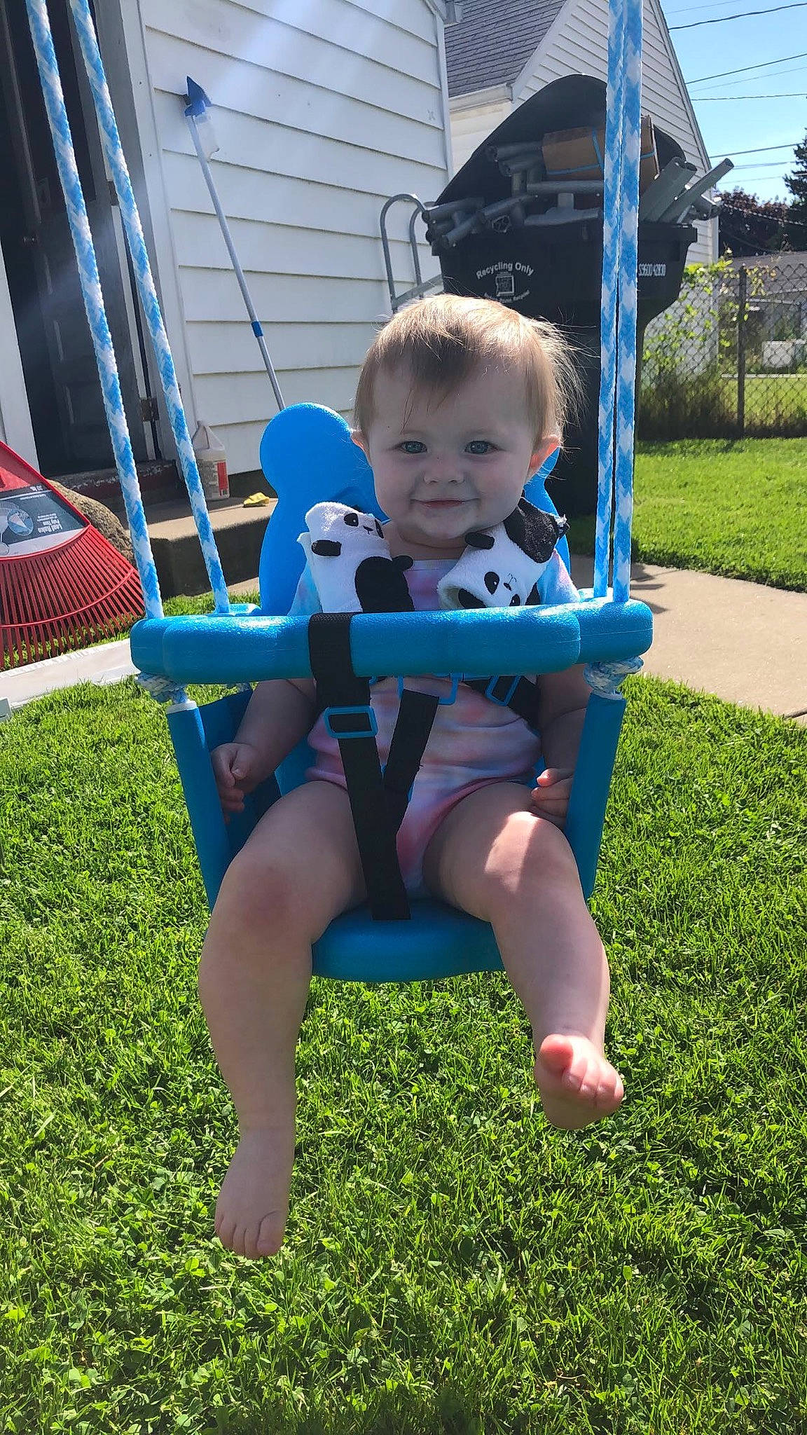 Myah joined the competition — help win amazing prizes! baby, backyard, child, fun, grass, joy, lawn, leisure, outdoor_play_equipment, person, plant, play, playground, public_space, sitting, smile, summer, swing, toddler, vacation