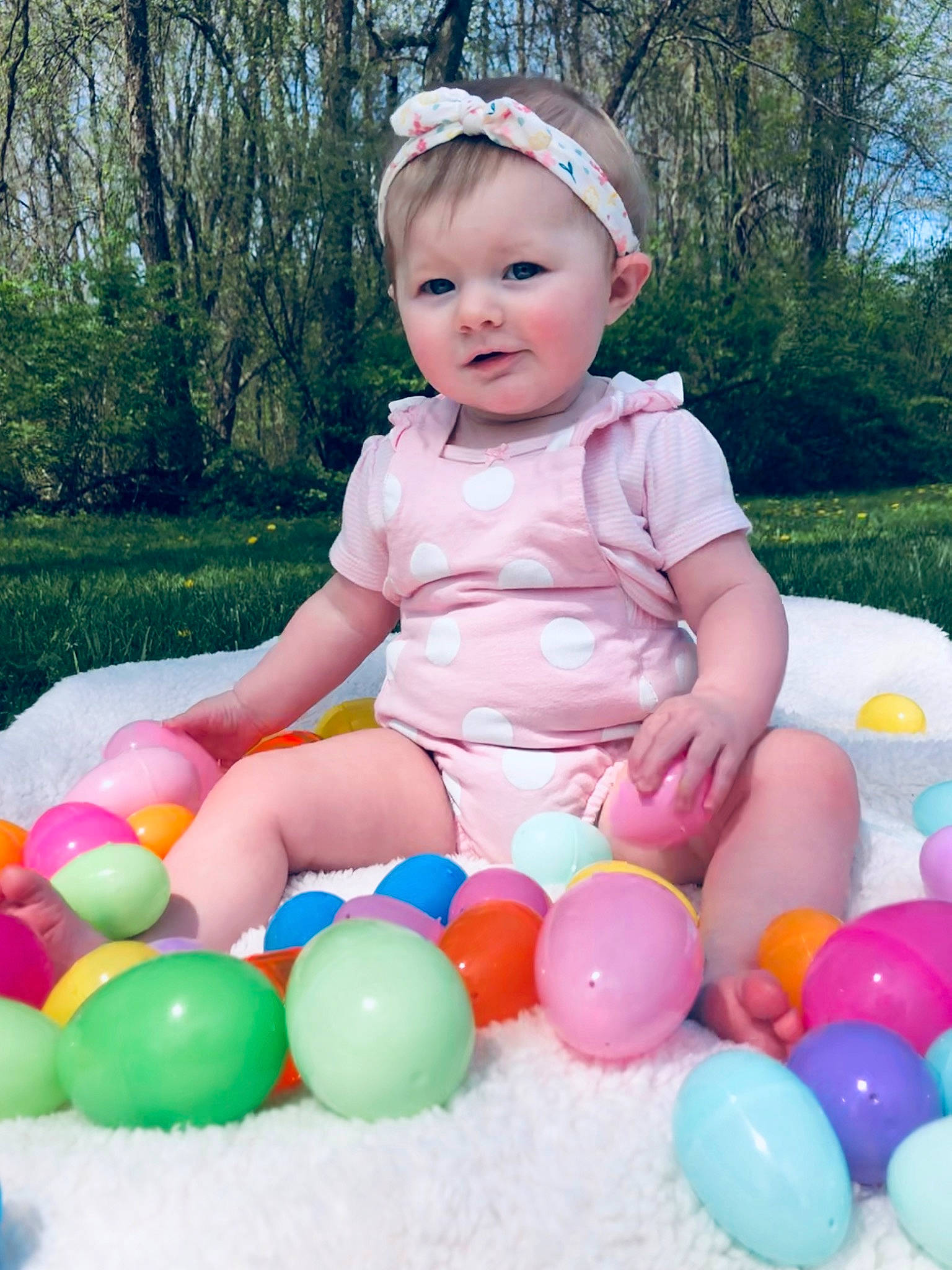 Myah is registered to the contest to win money with this photo: baby, baby_playing_with_toys, baby_toddler_clothing, child, easter, holiday, person, play, toddler
