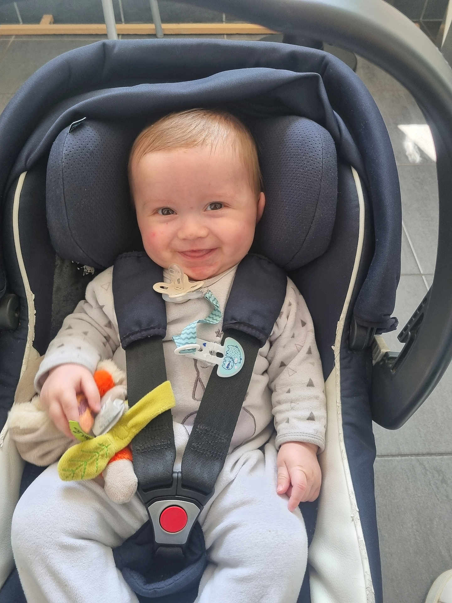 Diego participe au concours pour gagner de l'argent avec cette photo : baby, car_seat, child, smile, toy, harness, clothing, infant, seat, person, cute, indoor, baby_toy, sitting, happy, small_child, secure, face, head_support, casual