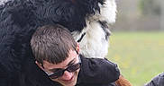 Aiko a rejoint le concours — aidez-le/la à gagner de superbes lots ! affection, animal, bernese_mountain_dog, black_jacket, casual, dog, field, friendship, fur, grass, happy, leash, man, nature, outdoor, pet, playful, portrait, smile, sunglasses