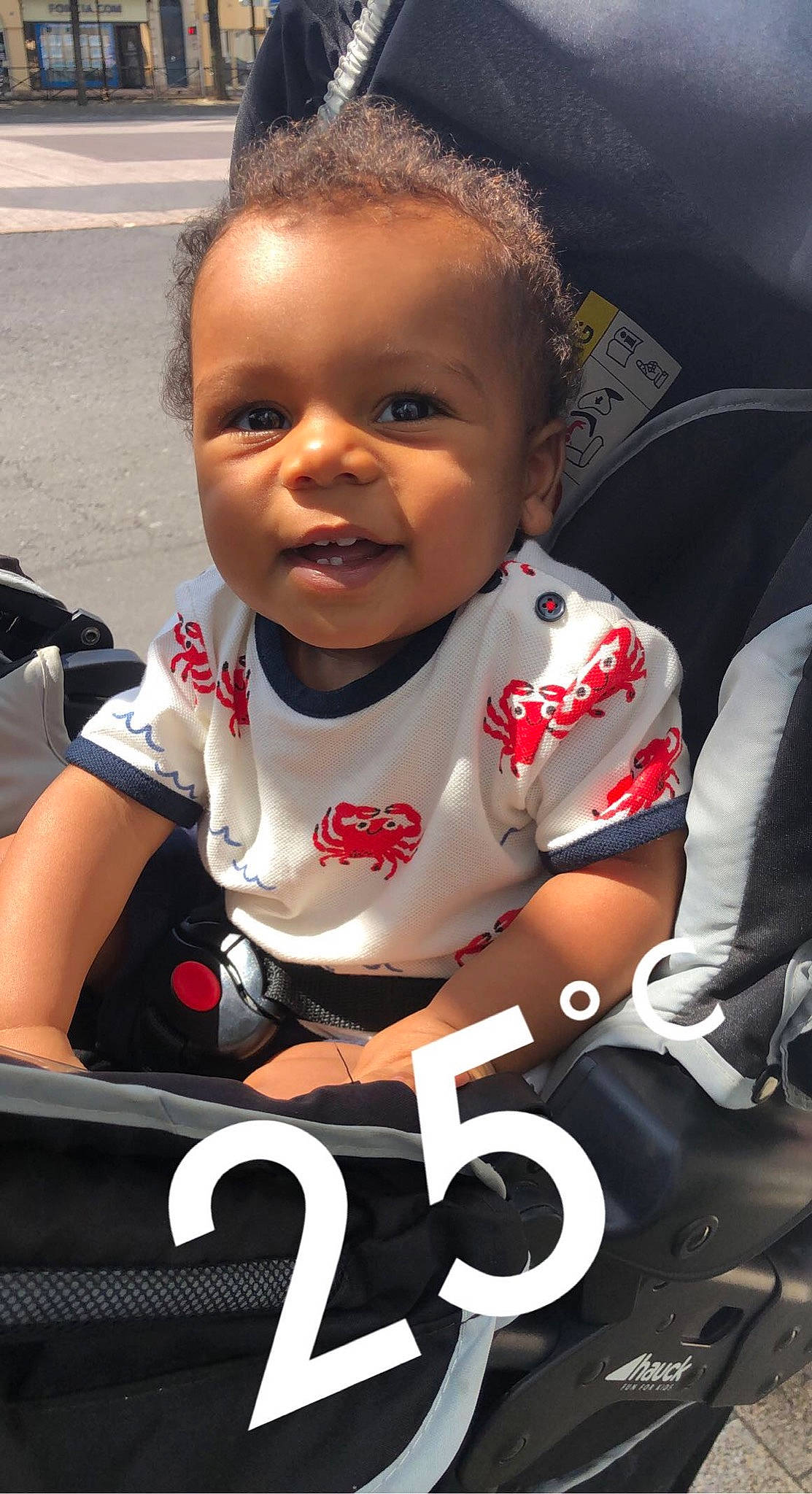 Alpha participe au concours pour gagner de l'argent avec cette photo : baby, baby_carriage, baby_products, baby_toddler_clothing, carmine, cheek, child, cool, fun, grass, hairstyle, happy, lip, mouth, person, product, sitting, sleeve, smile, t_shirt