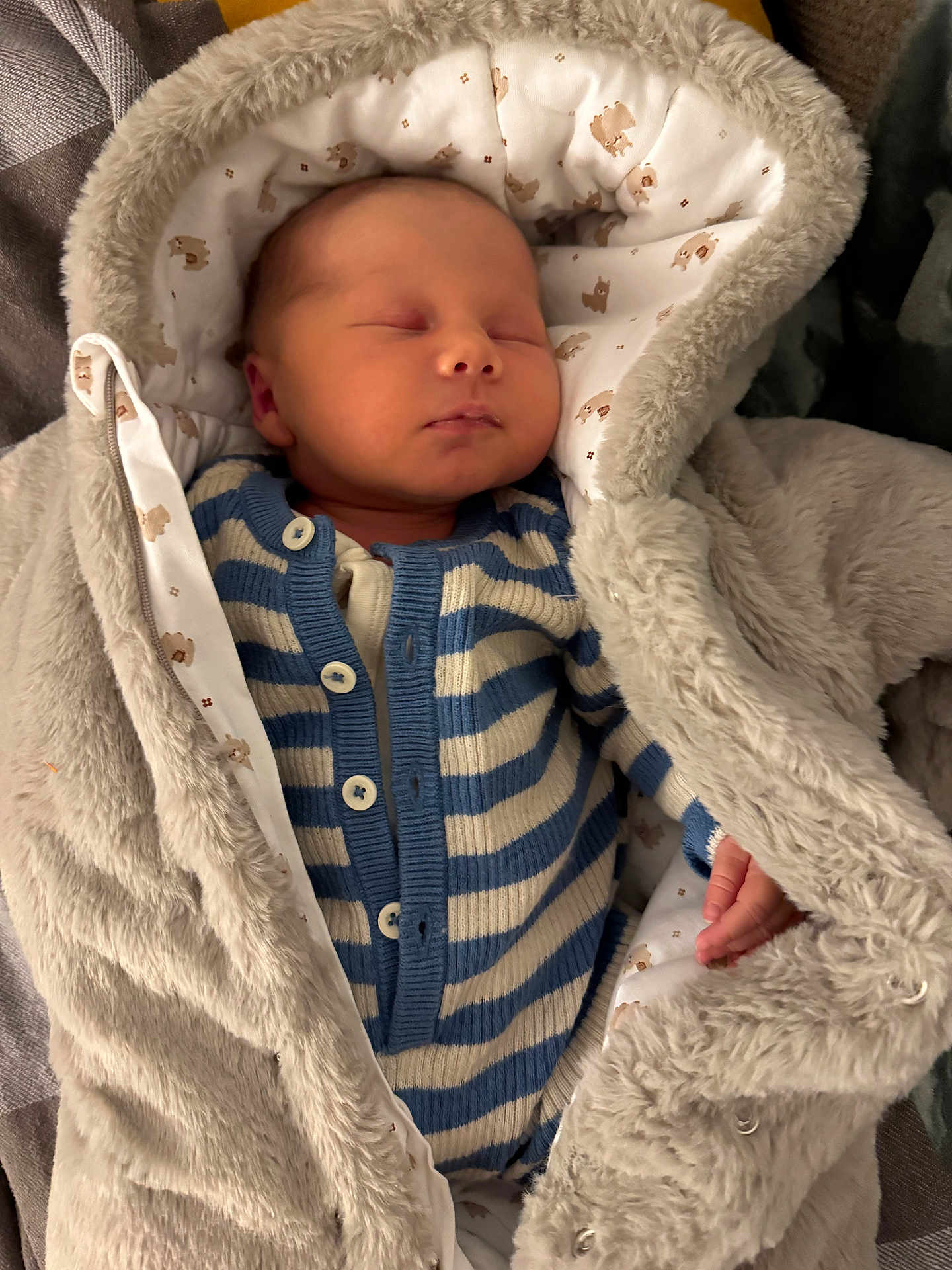 Elior a rejoint le concours — aidez-le/la à gagner de superbes lots ! newborn, baby, sleeping, blanket, hood, striped_clothing, cozy, fur, cute, infant, soft, warm, peaceful, portrait, child, buttoned_clothing, hand, face, indoors, resting