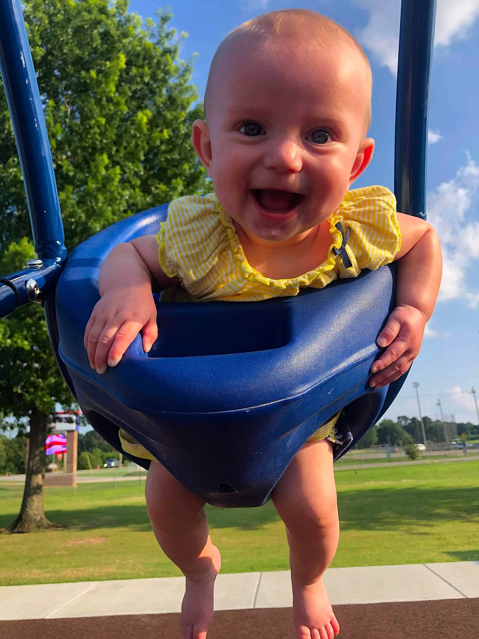 Avery joined the competition — help win amazing prizes! baby_toddler_clothing, blue, chin, cloud, fun, grass, happy, joy, leisure, people_in_nature, person, photograph, plant, public_space, recreation, sky, smile, summer, t_shirt, toddler