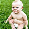 baby, child, infant, smiling, sitting, outdoor, grass, lawn, portrait, blue_eyes, blond_hair, diaper, barefoot, playful, happy, greenery, daylight, toy, nature, photography