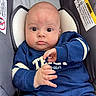 baby, infant, child, car_seat, portrait, close_up, blue_clothing, sitting, indoors, face, eyes, hands, bald, alert, looking_at_camera, fabric, safety_label, automotive, photography, cute