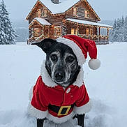 Lucy is registered to the contest to win money with this photo: animal, background, canine, christmas_lights, cold_weather, decoration, dog, festive, fur, hat, holiday, log_cabin, nature, outdoor, red_clothing, santa_claus_costume, seasonal, snow, snowy, winter