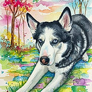 Toby is registered to the contest to win money with this photo: abstract, animal, artistic, background, blue_eyes, colorful, detailed, dog, grass, husky, nature, outdoor, painting, pastel_sky, portrait, soft_colors, stretching, trees, watercolor, whimsical