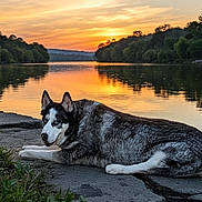 Toby joined the competition — help win amazing prizes! dog, husky, sunset, river, water, reflection, nature, outdoor, sky, trees, grass, stone, animal, canine, relaxing, landscape, scenic, evening, peaceful, wildlife